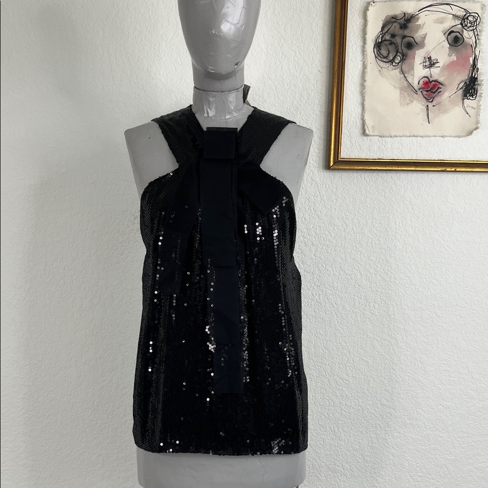 Robert Rodriguez Sequin Inverted Racer Back Bow Sleeveless Blouse Top